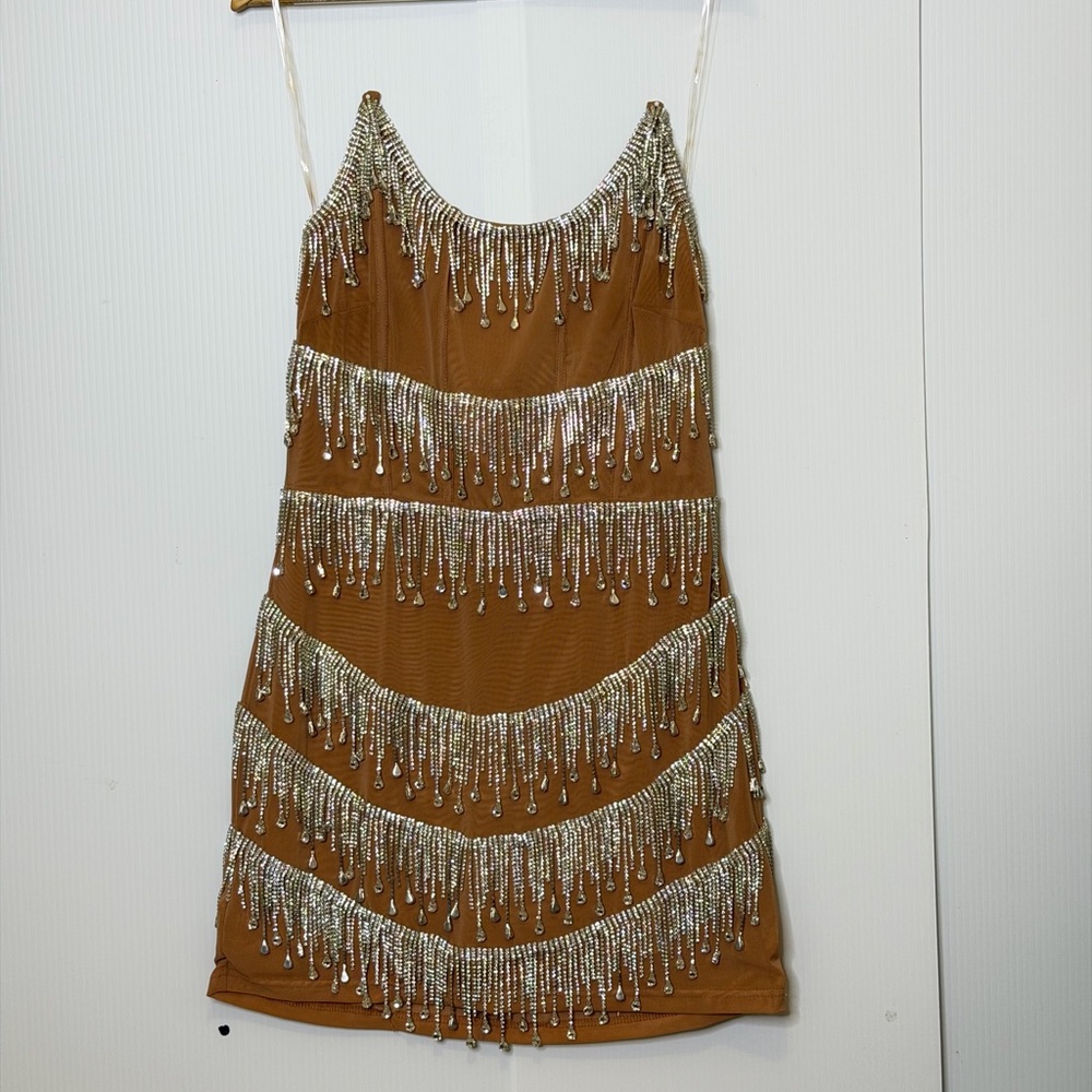 Nude Rhinestone Fringe Club Dress